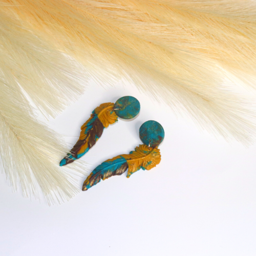 Aqua Blue, Yellow and Brown Feathered shaped Earrings